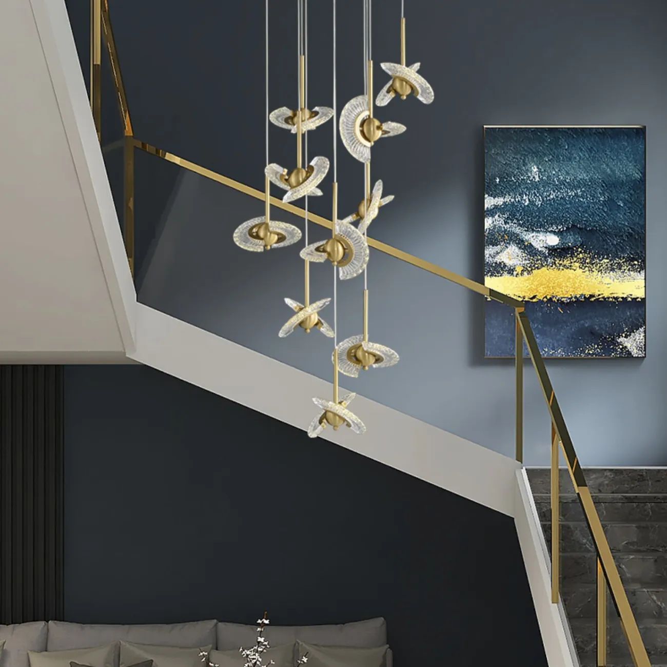 Готовая комбинация подвесных светильников с плафонами в виде комбинации двух ажурных поворотных лопастей и шаровидного центра PHOENIX LUX COMBO D30