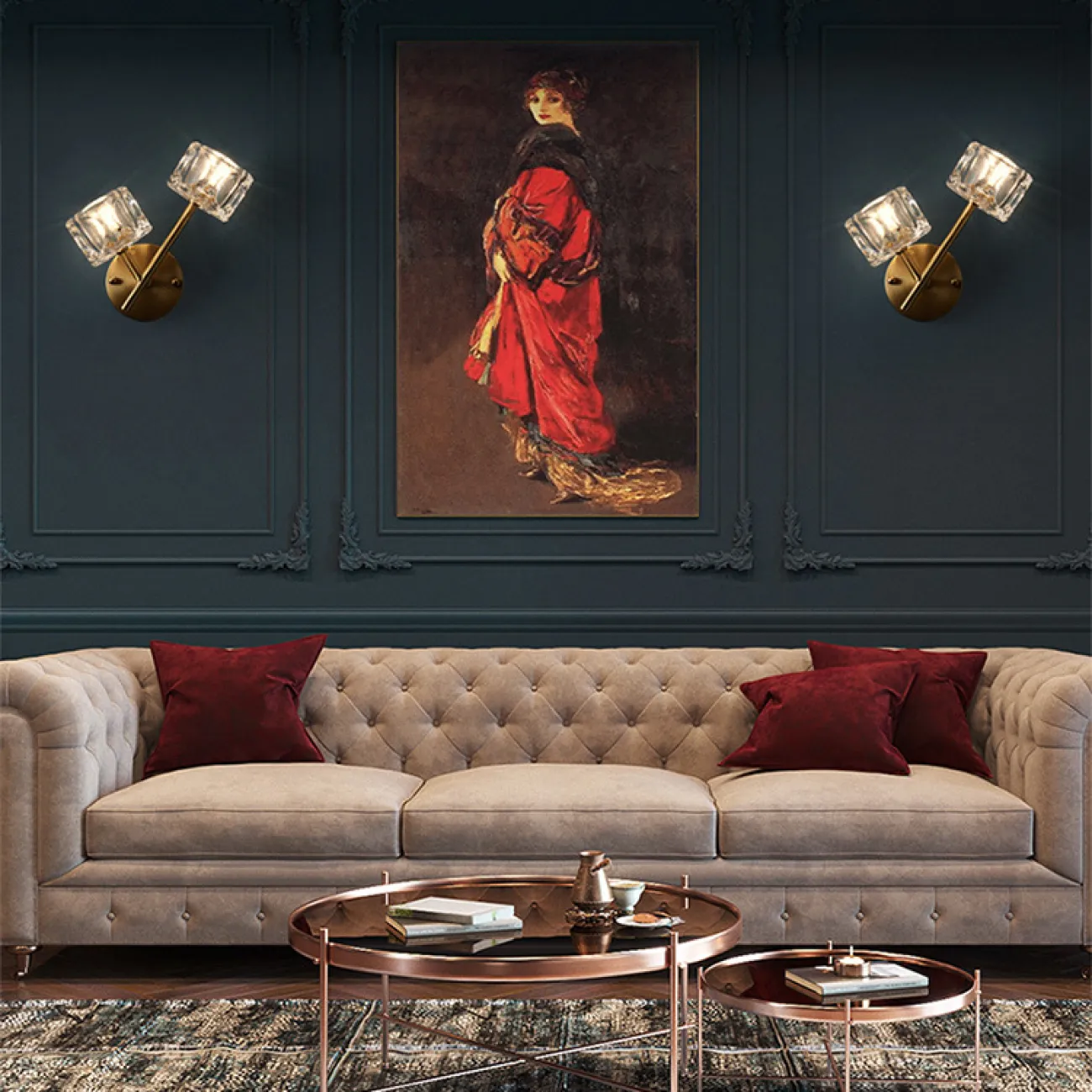 Серия настенных светильников с хрустальными плафонами в виде кубических слитков на разветвленных рожках с круглым креплением GELATO WALL L2