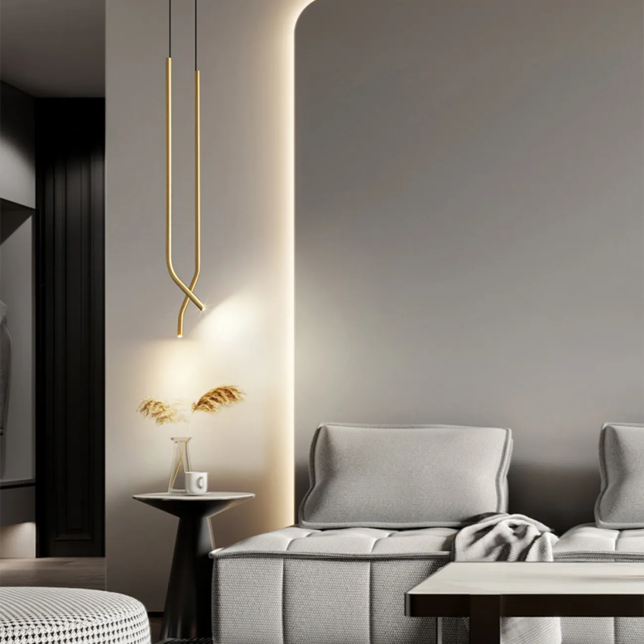 Готовая комбинация подвесных светодиодных светильников с изогнутым трубчатым корпусом из латуни ZAKRIS DUO Brass