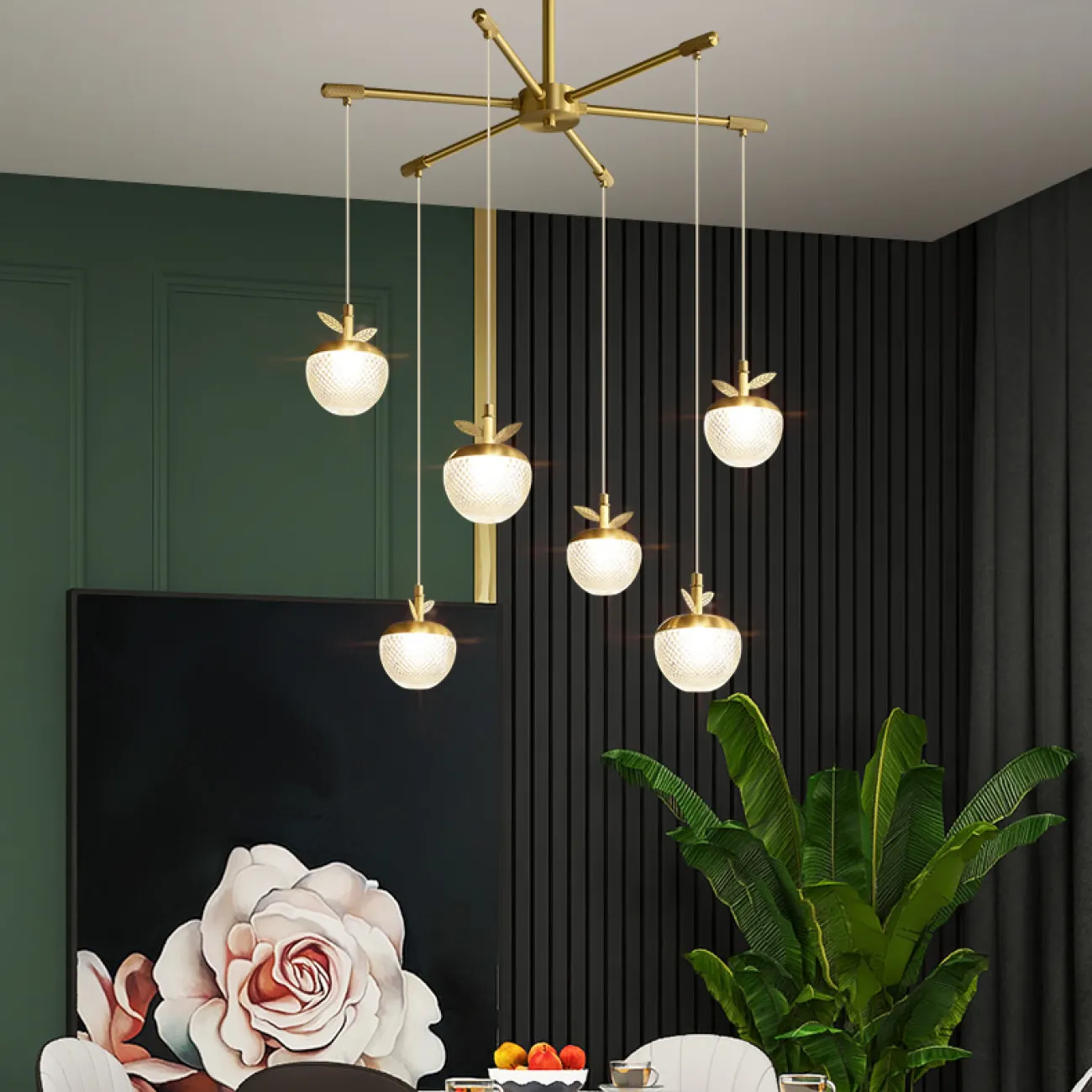 Готовая комбинация подвесных светодиодных светильников c шарообразными рельефными плафонами, стилизованными под ягоды с латунными листьями JUNONA COMBO D85 Готовая комбинация подвесных светодиодных светильников c шарообразными рельефными плафонами, стилизованными под ягоды с латунными листьями JUNONA COMBO D85