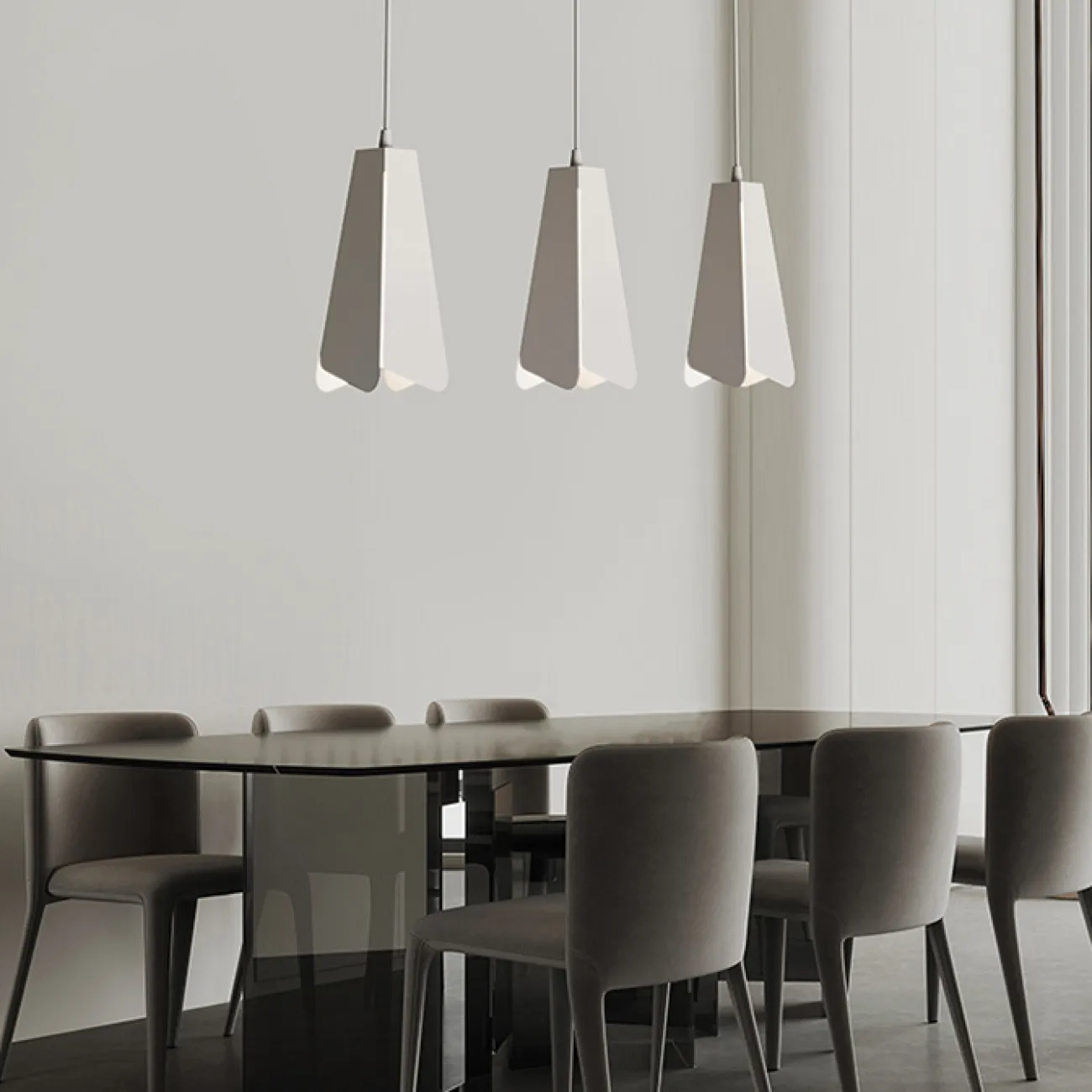 Готовая комбинация подвесных светильников c трапециевидным абажуром из ассиметричных пластин TORBEN TRIO White