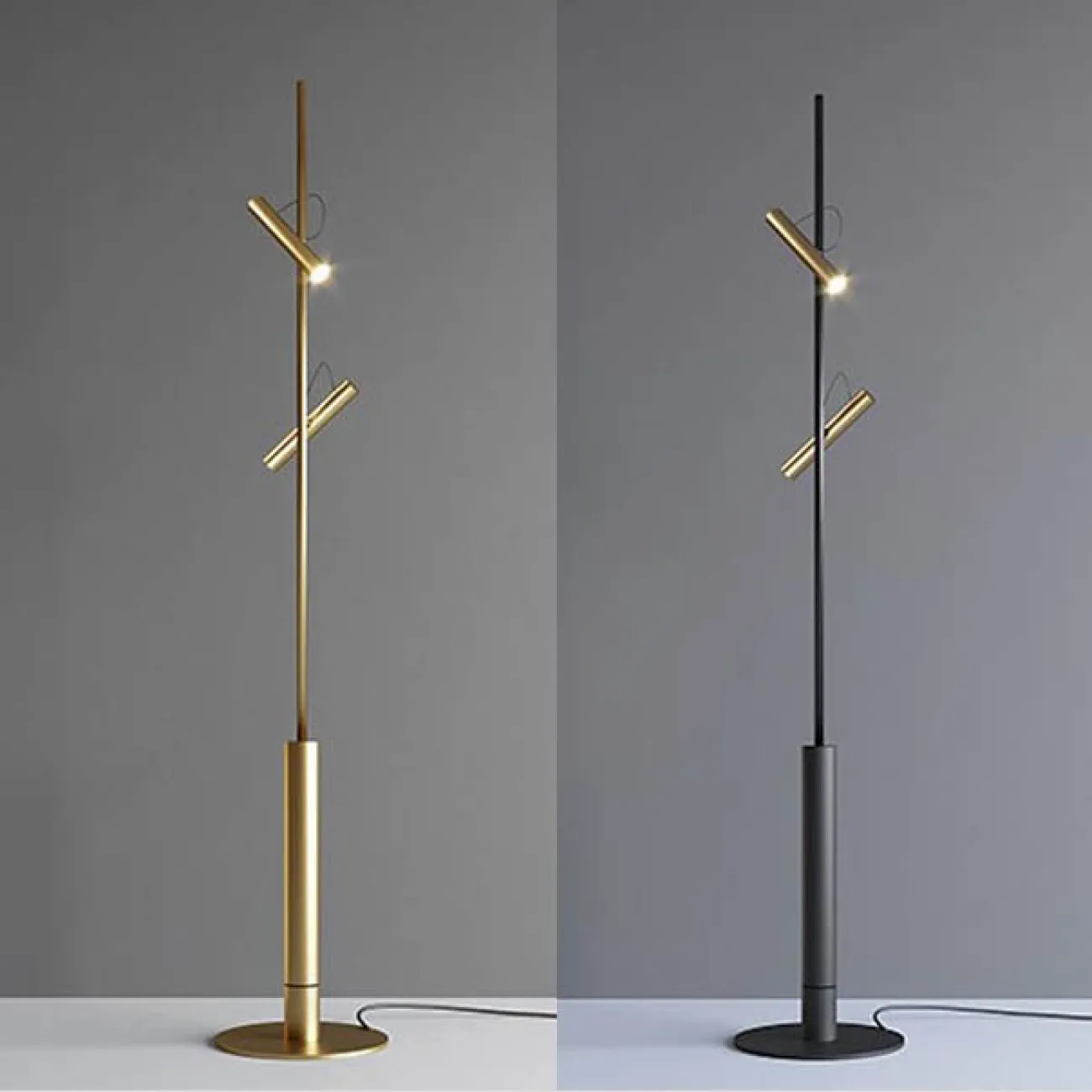Серия светодиодных торшеров с поворотными плафонами вытянутой цилиндрической формы в черном и латунном цвете TITRE Black Серия светодиодных торшеров с поворотными плафонами вытянутой цилиндрической формы в черном и латунном цвете TITRE Black