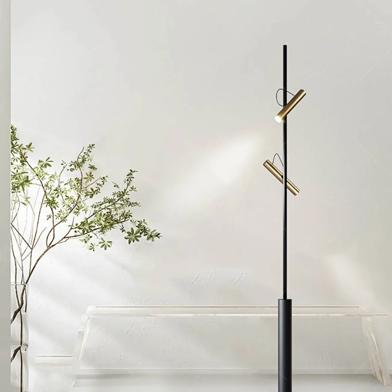 Серия светодиодных торшеров с поворотными плафонами вытянутой цилиндрической формы в черном и латунном цвете TITRE Black Серия светодиодных торшеров с поворотными плафонами вытянутой цилиндрической формы в черном и латунном цвете TITRE Black
