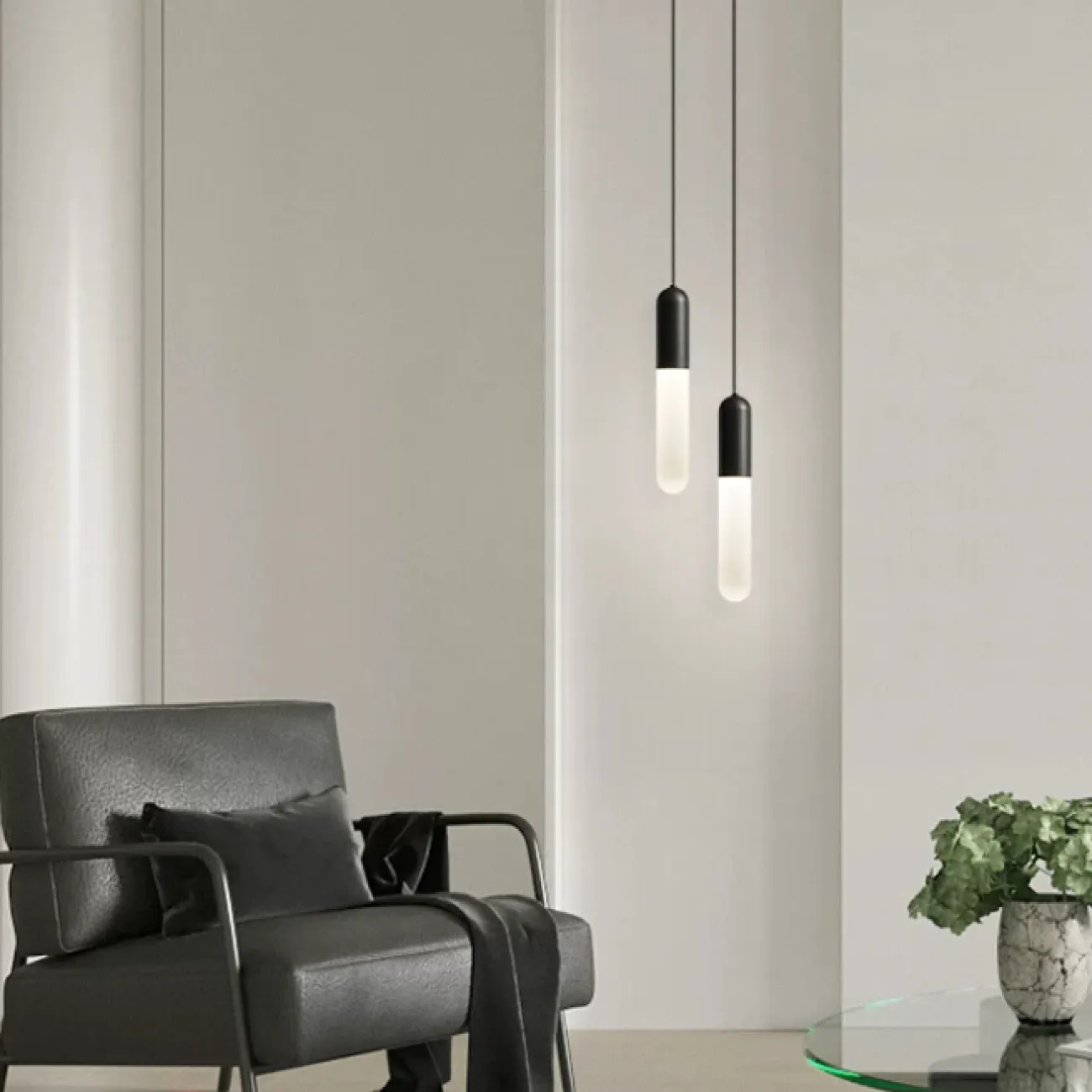 Готовая комбинация подвесных светильников с белыми цилиндрическими рассеивателями с матовым градиентным эффектом SIGLEIF DUO Brass