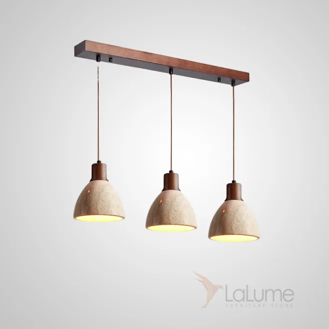 Готовая комбинация подвесных светильников с геометрическими плафонами из камня травертина с деревянной отделкой MELIUS TRIO B Dark brown Планка