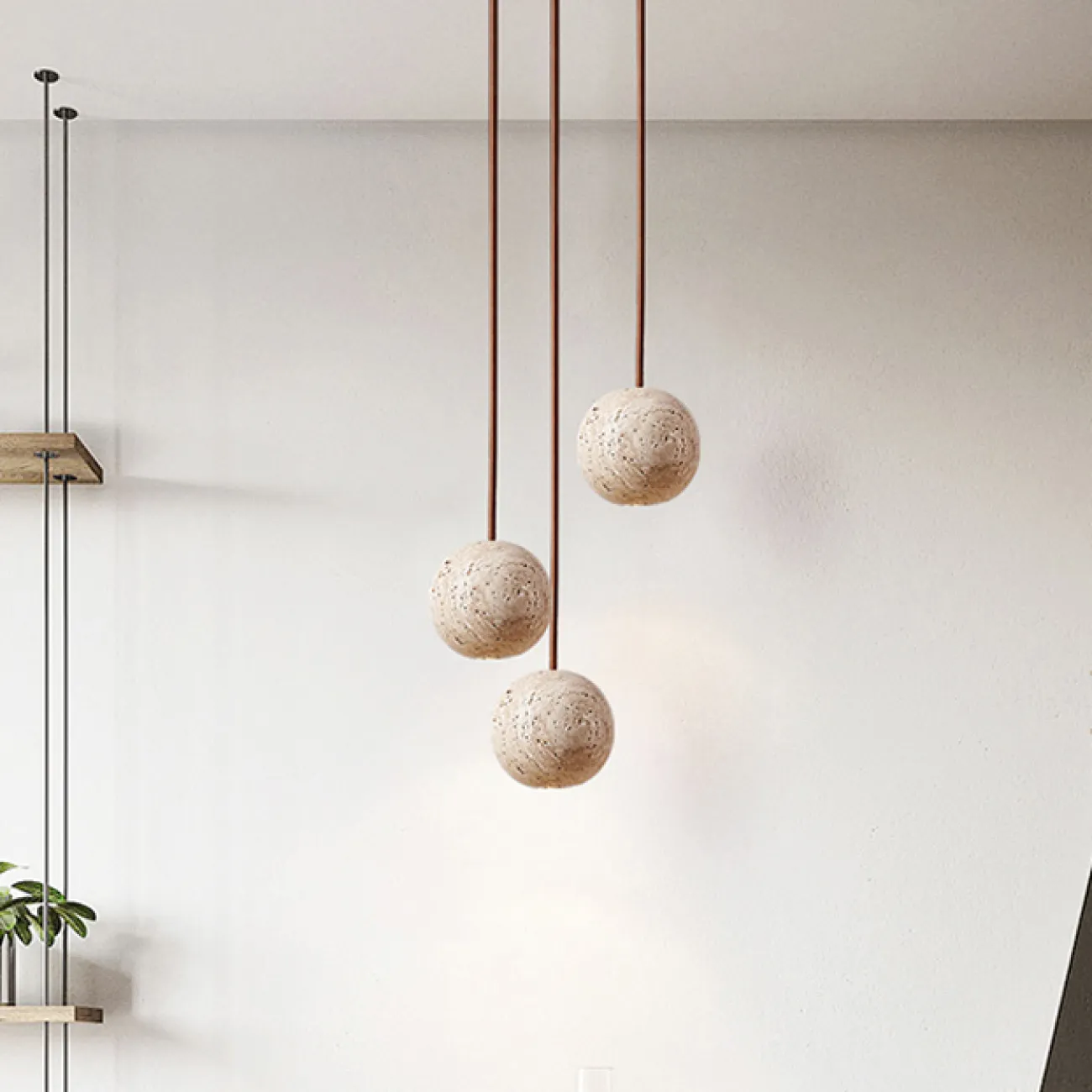 Готовая комбинация подвесных светильников с шарообразным корпусом из желтого камня травертина POVL COMBO D12