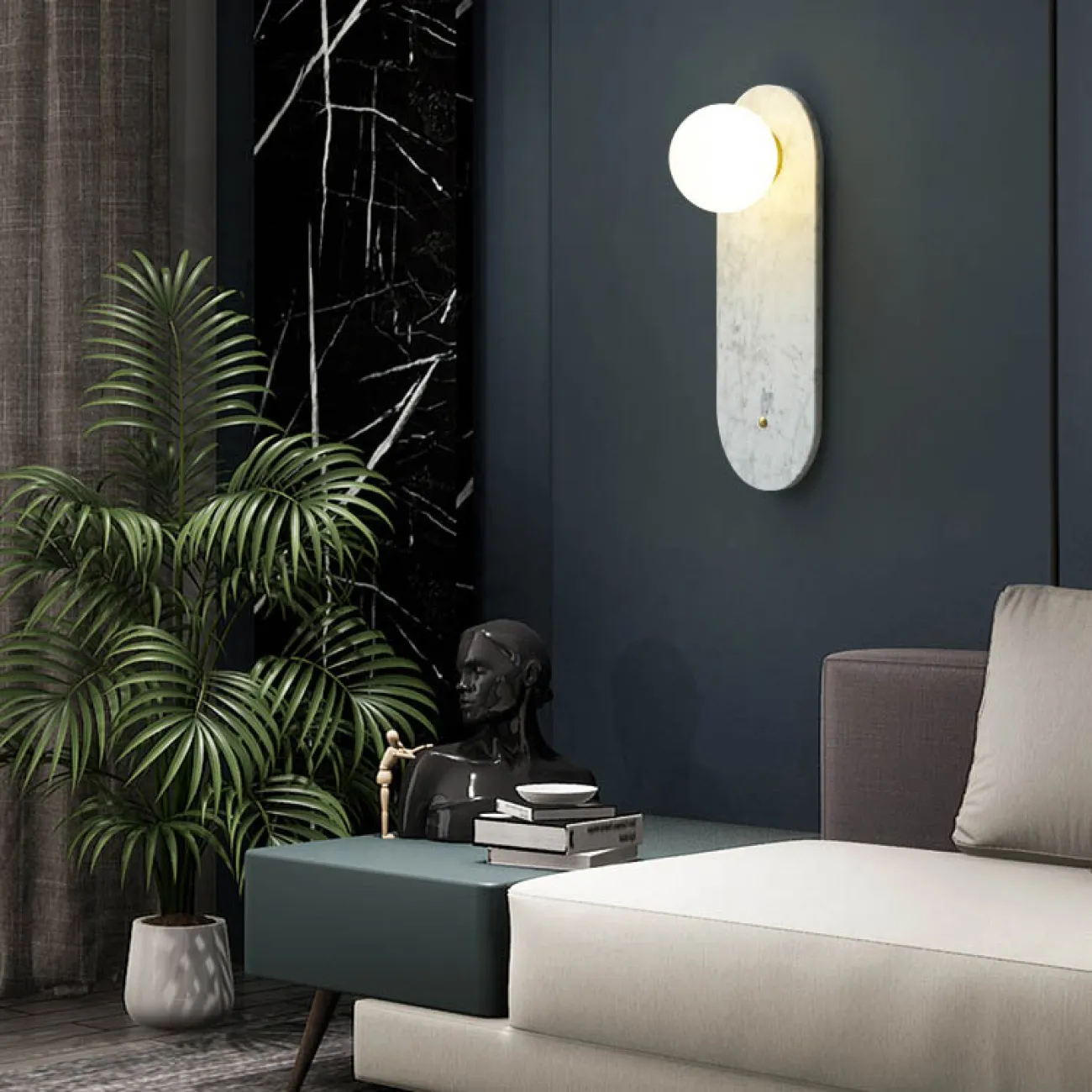 Серия настенных светильников с белым шарообразным плафоном из стекла на мраморном основании со скругленными краями FIORI White