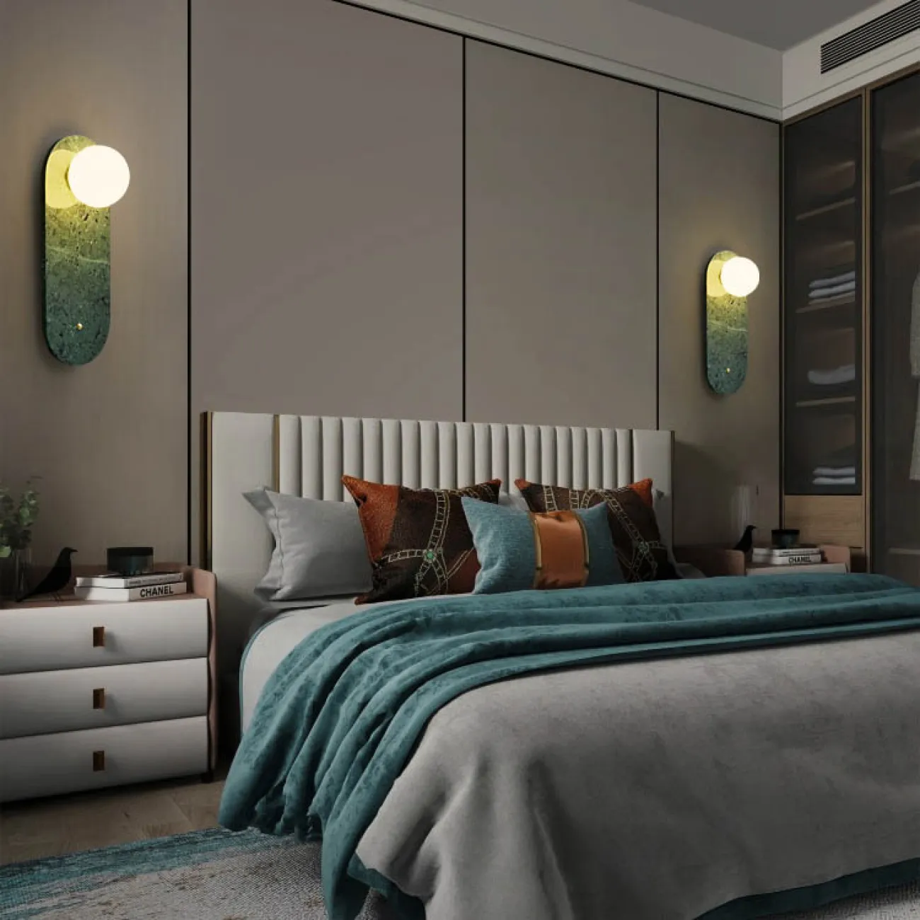 Серия настенных светильников с белым шарообразным плафоном из стекла на мраморном основании со скругленными краями FIORI White