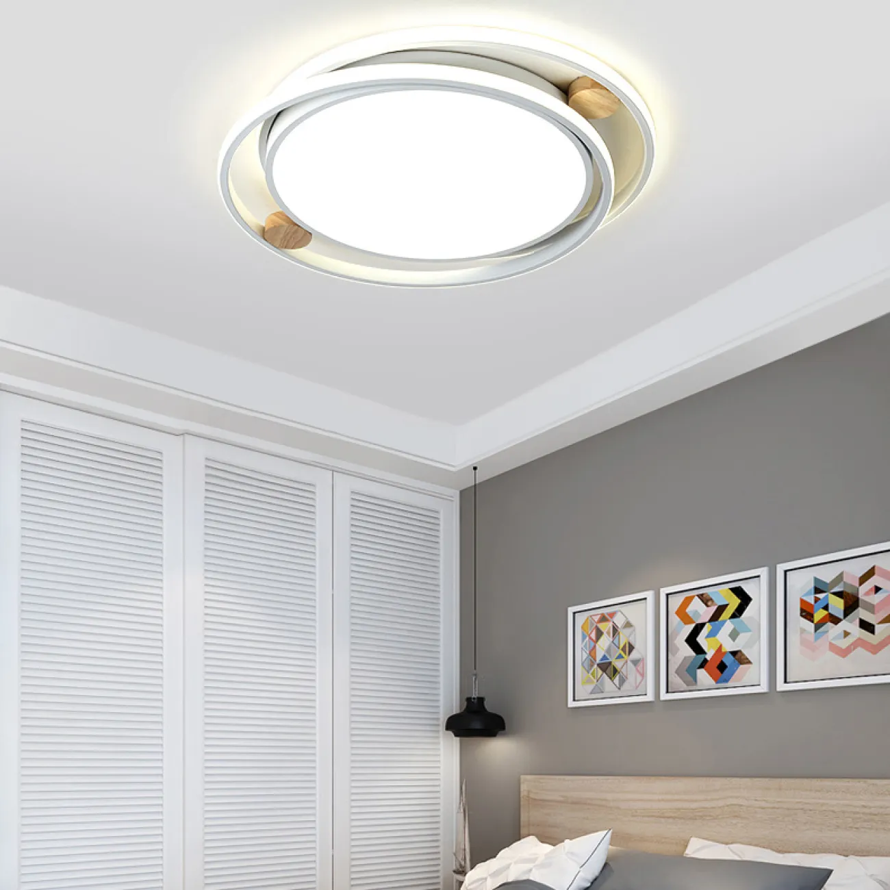 Серия потолочных светодиодных светильников со светящимися кольцами и декором из светлого дерева NILMAR L65 Green Серия потолочных светодиодных светильников со светящимися кольцами и декором из светлого дерева NILMAR L65 Green