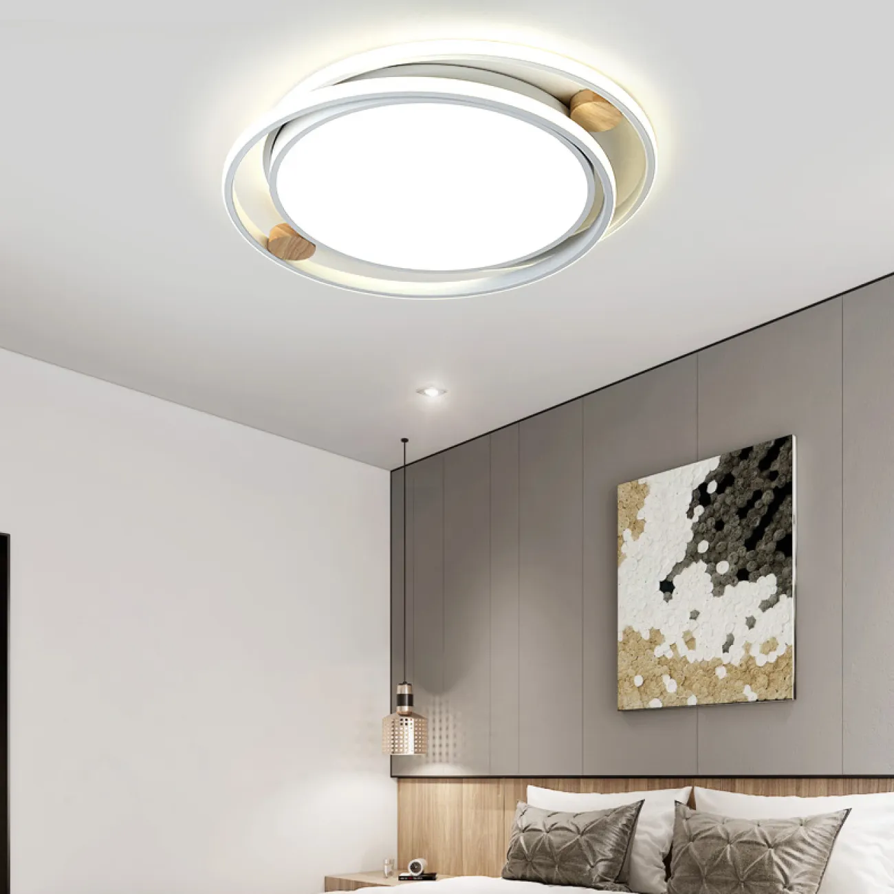 Серия потолочных светодиодных светильников со светящимися кольцами и декором из светлого дерева NILMAR L65 Green Серия потолочных светодиодных светильников со светящимися кольцами и декором из светлого дерева NILMAR L65 Green