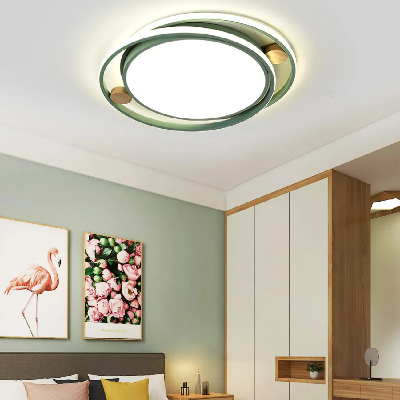 Серия потолочных светодиодных светильников со светящимися кольцами и декором из светлого дерева NILMAR L65 Green Серия потолочных светодиодных светильников со светящимися кольцами и декором из светлого дерева NILMAR L65 Green