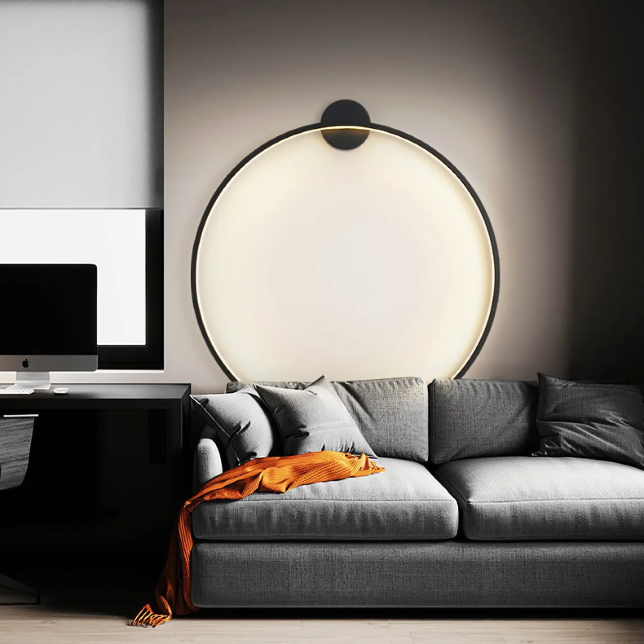 Серия настенных светильников в виде черных металлический колец разного диаметра с LED-подсветкой по контуру корпуса с круглым креплением GUARD B D80 4000К