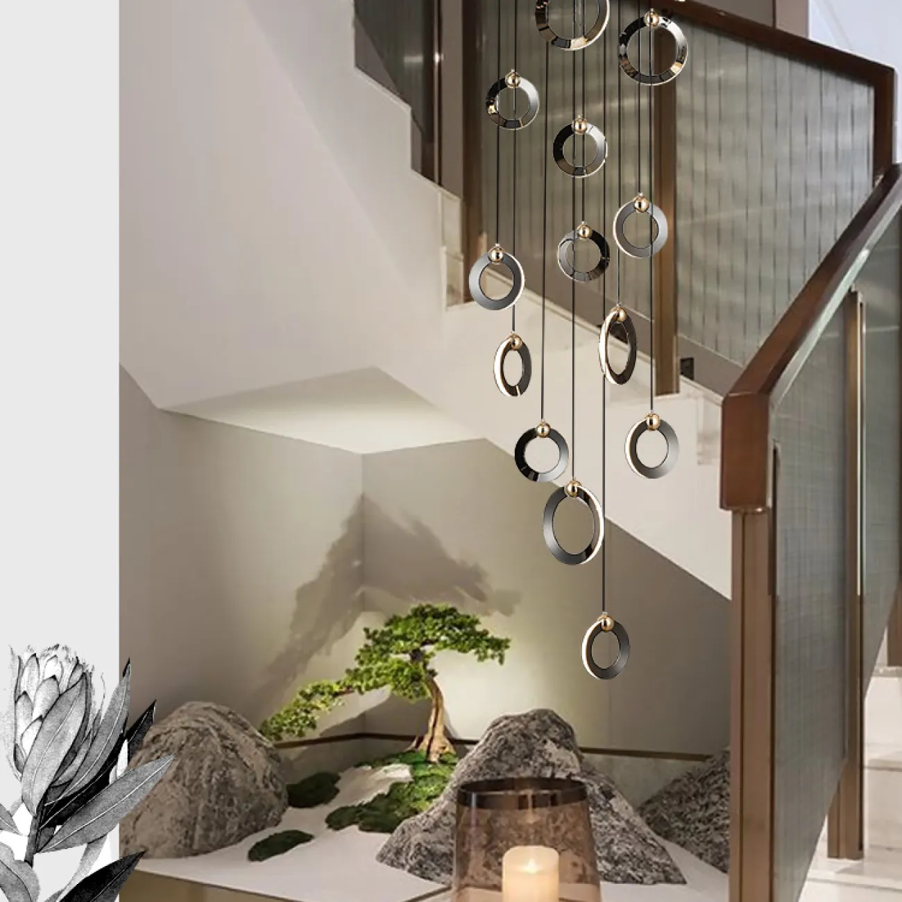 Готовая комбинация подвесных светильников с кольцевидными плафонами с белыми матовыми LED-панелями по внешнему контуру корпуса KARI L16 Brown