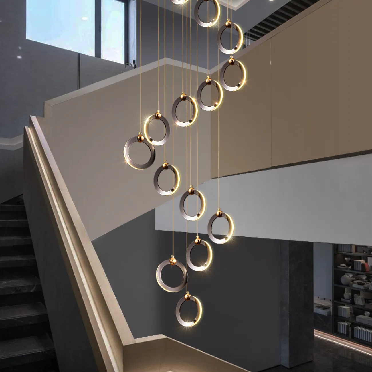 Готовая комбинация подвесных светильников с кольцевидными плафонами с белыми матовыми LED-панелями по внешнему контуру корпуса KARI L16 Brown