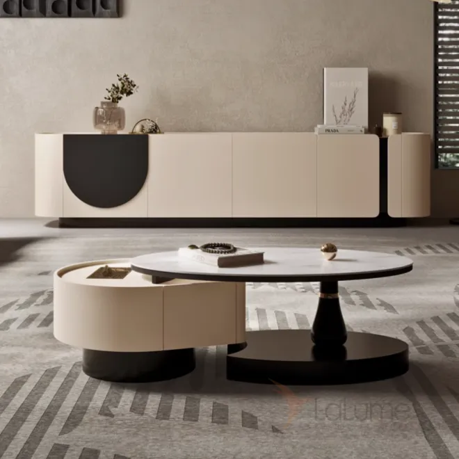 Кожаный шкаф для телевизора в стиле ваби-саби и журнальный столик KBOOS 35651-29