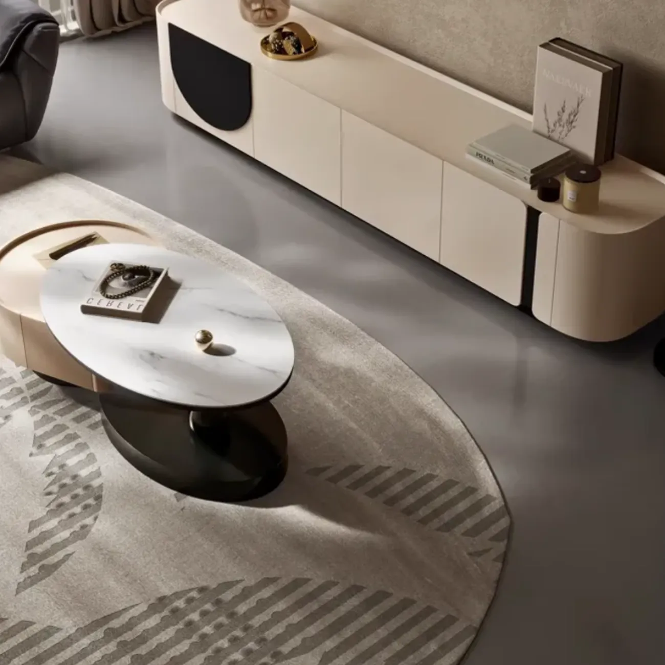 Кожаный шкаф для телевизора в стиле ваби-саби и журнальный столик KBOOS 35651-29