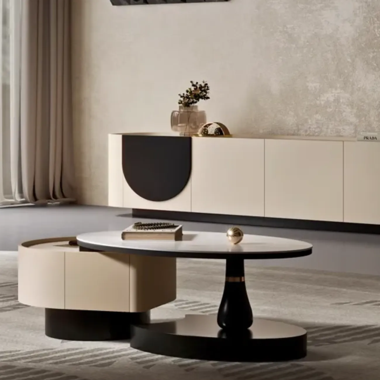 Кожаный шкаф для телевизора в стиле ваби-саби и журнальный столик KBOOS 35651-29