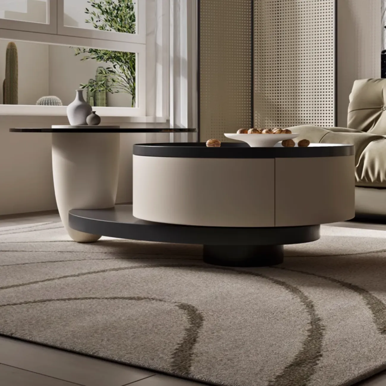 Круглый журнальный столик с каменной тарелкой и стеклом KBOOS 35671-29 Круглый журнальный столик с каменной тарелкой и стеклом KBOOS 35671-29