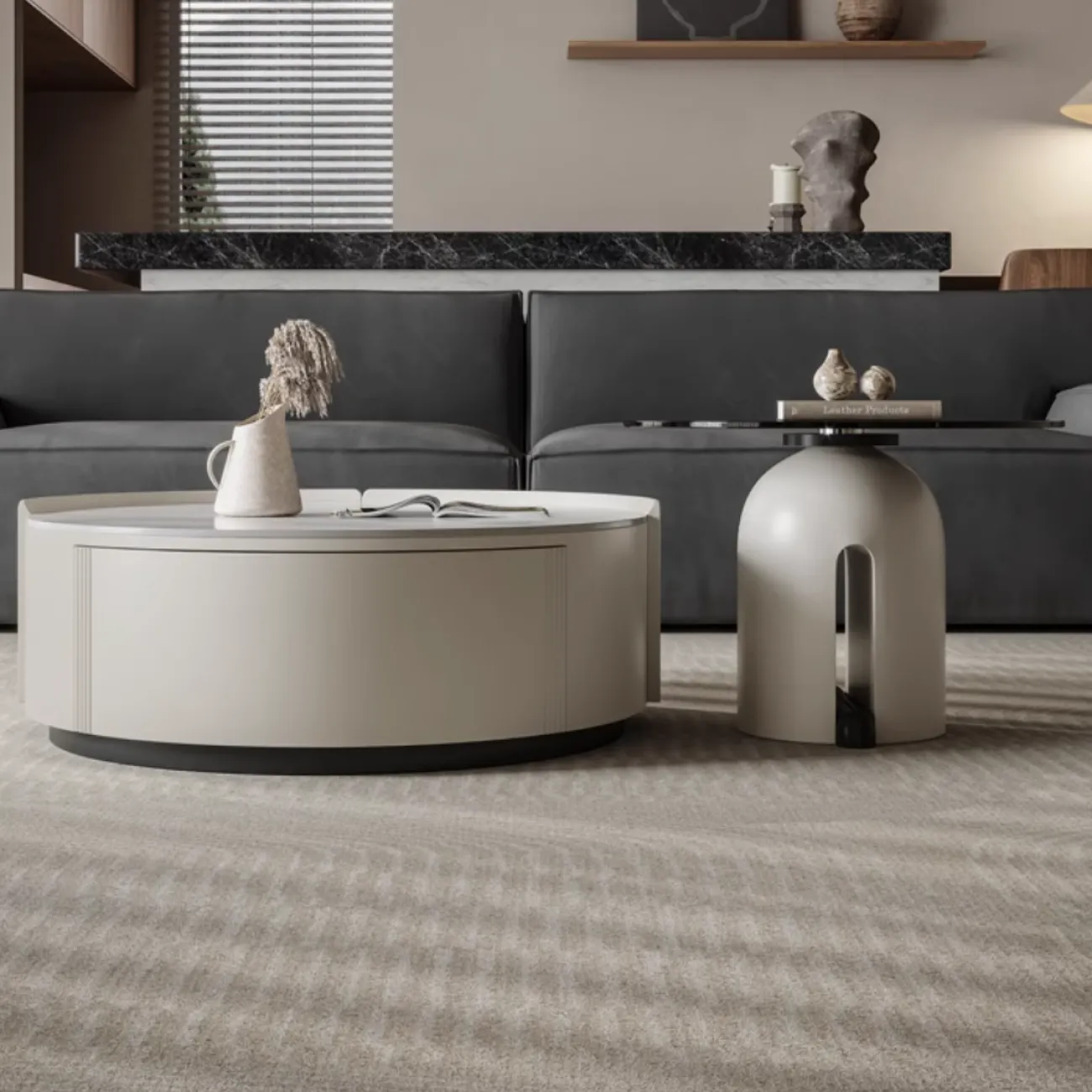 Круглый кожаный журнальный столик из каменной плиты KBOOS 35674-29