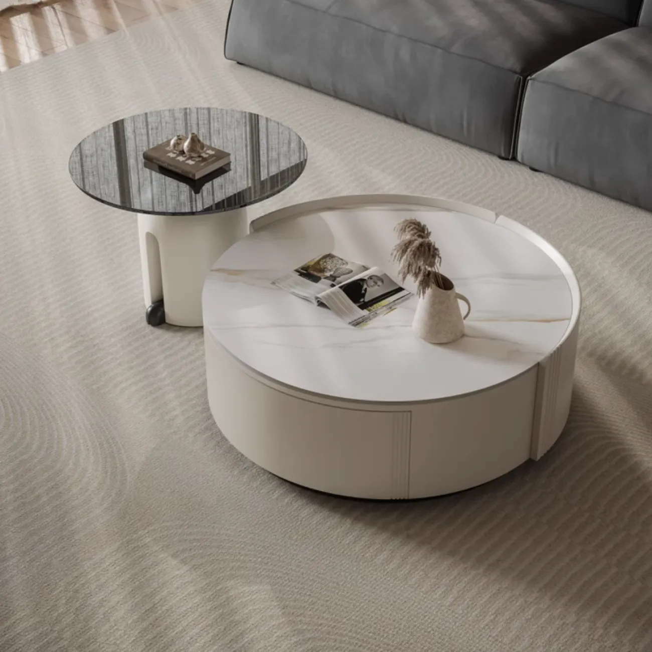 Круглый кожаный журнальный столик из каменной плиты KBOOS 35674-29