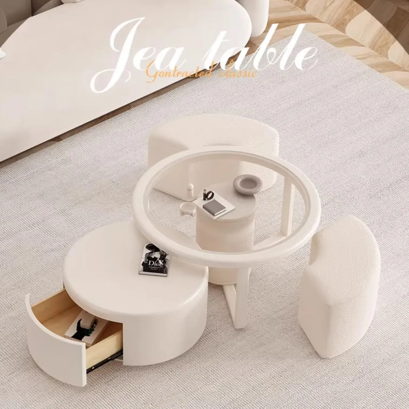 Круглый кремовый журнальный столик из массива дерева LanLan 35925-29 Круглый кремовый журнальный столик из массива дерева LanLan 35925-29