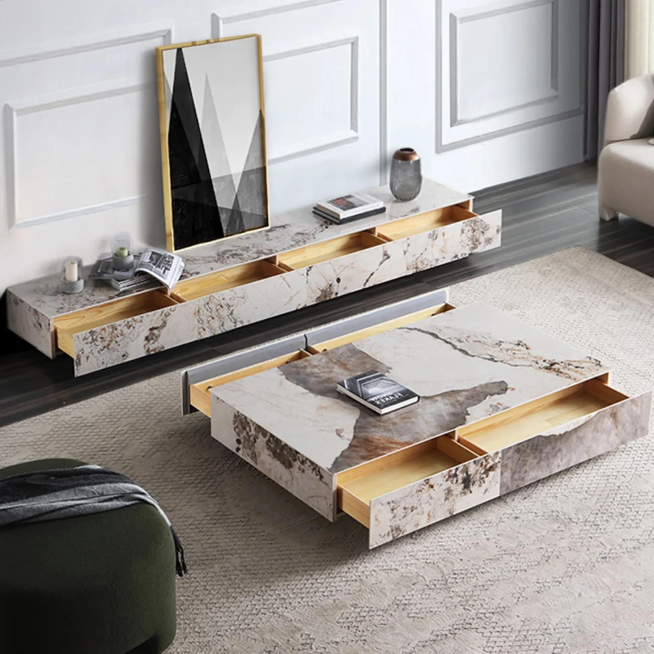 Минималистичная яркая каменная тумба для телевизора в Итальянском стиле LaLume AR22311-23 Минималистичная яркая каменная тумба для телевизора в Итальянском стиле LaLume AR22311-23