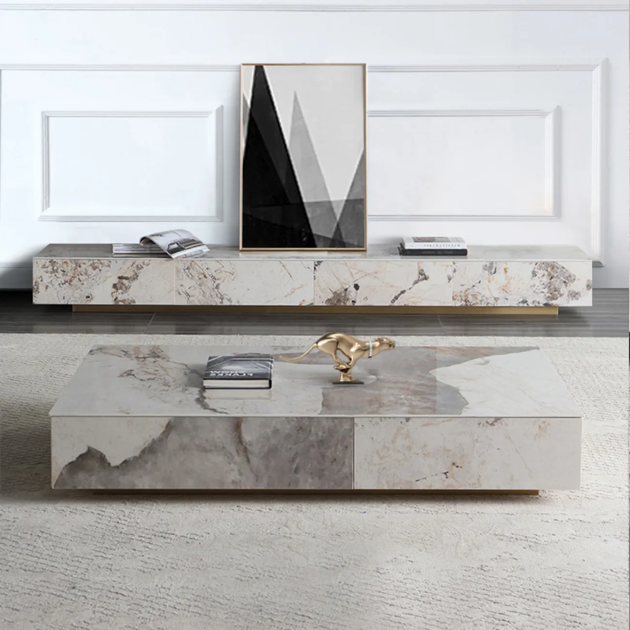 Минималистичная яркая каменная тумба для телевизора в Итальянском стиле LaLume AR22311-23 Минималистичная яркая каменная тумба для телевизора в Итальянском стиле LaLume AR22311-23
