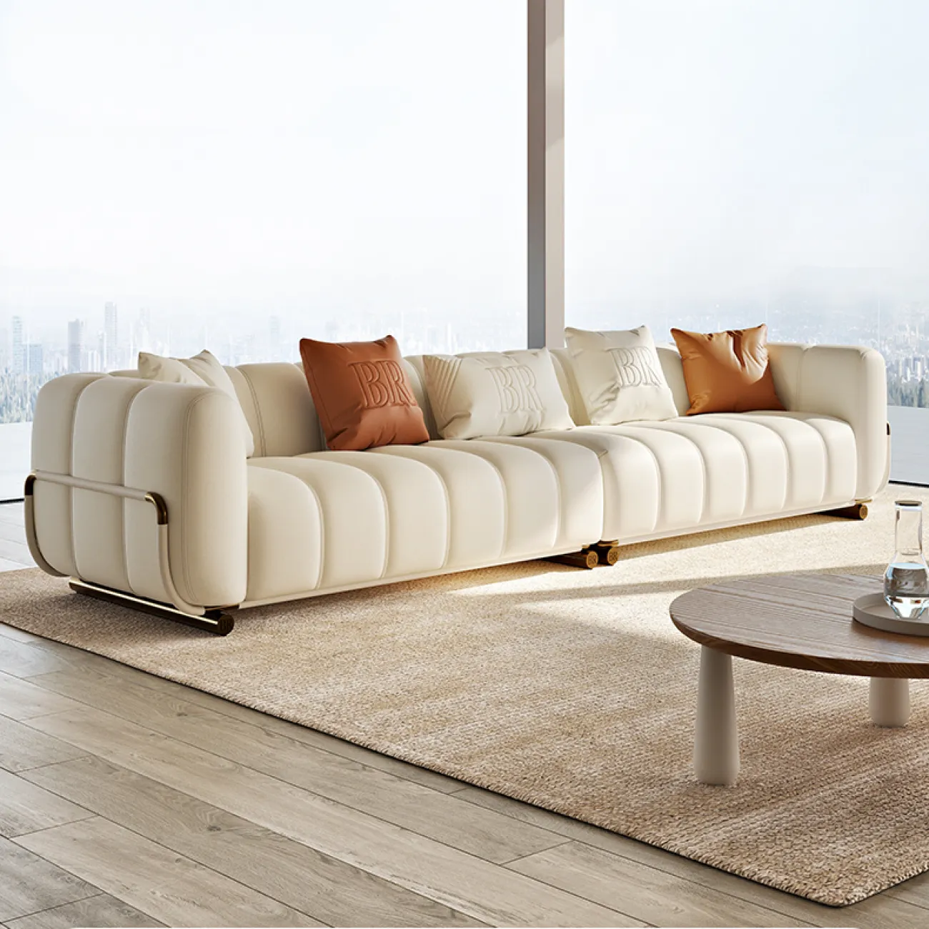 Роскошный кожаный диван в кремовом стиле MSS 37381-29