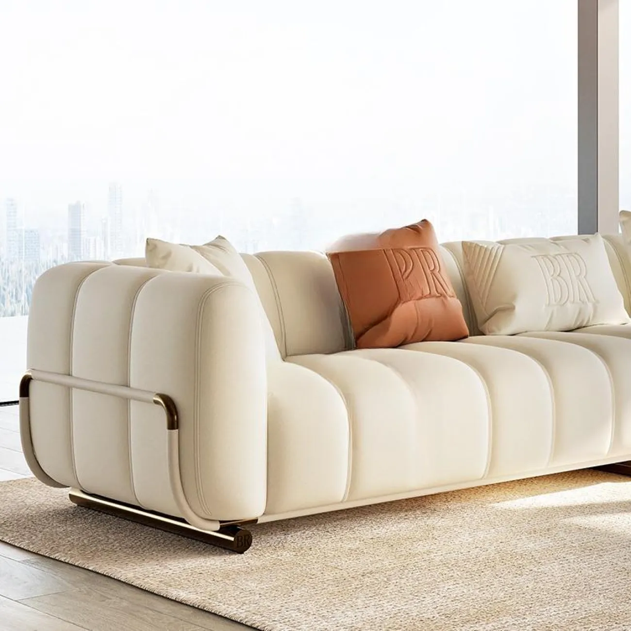 Роскошный кожаный диван в кремовом стиле MSS 37381-29