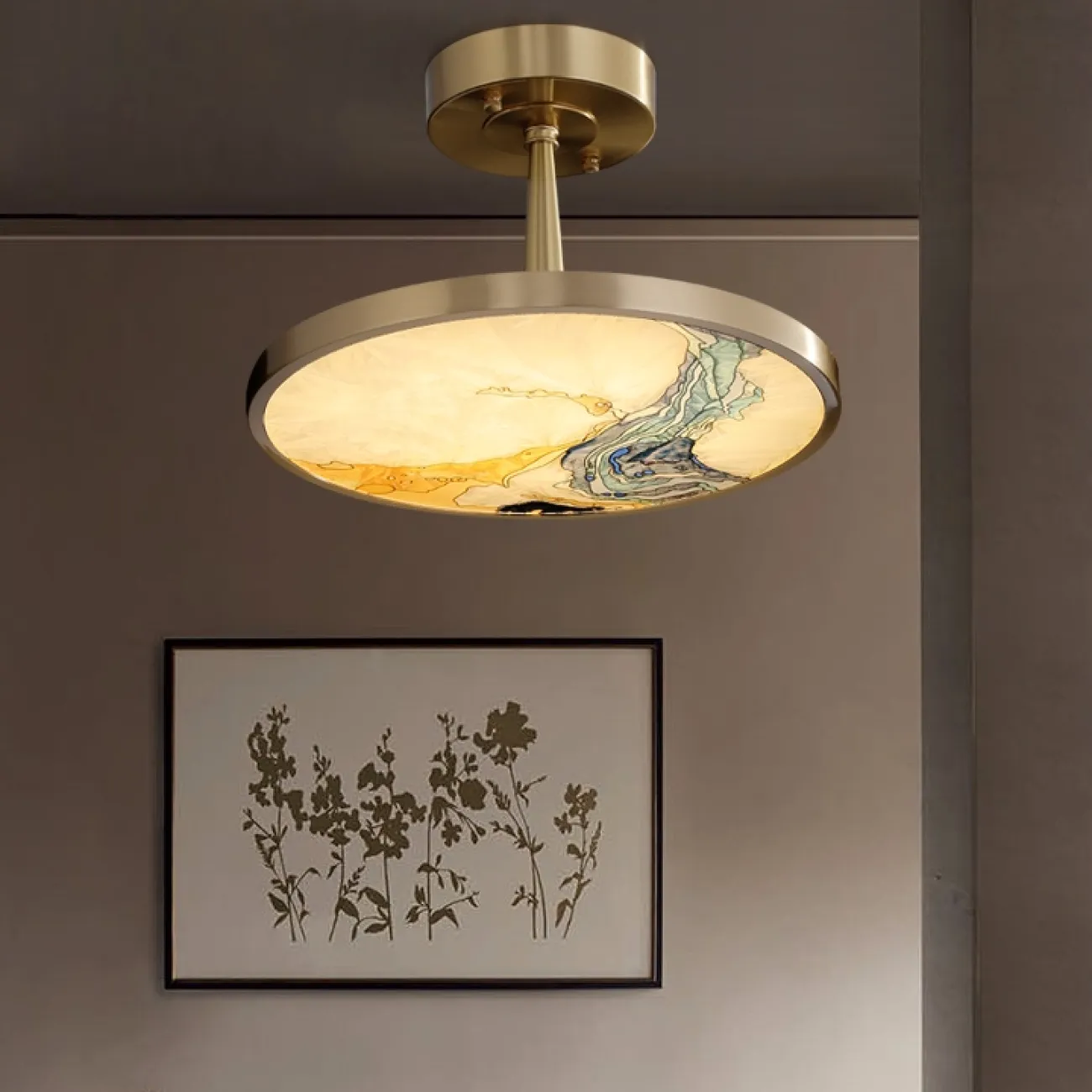 Потолочный светильник в виде круглого стеклянного панно со светодиодной подсветкой, расписанного японскими мотивами AKIRA C Потолочный светильник в виде круглого стеклянного панно со светодиодной подсветкой, расписанного японскими мотивами AKIRA C