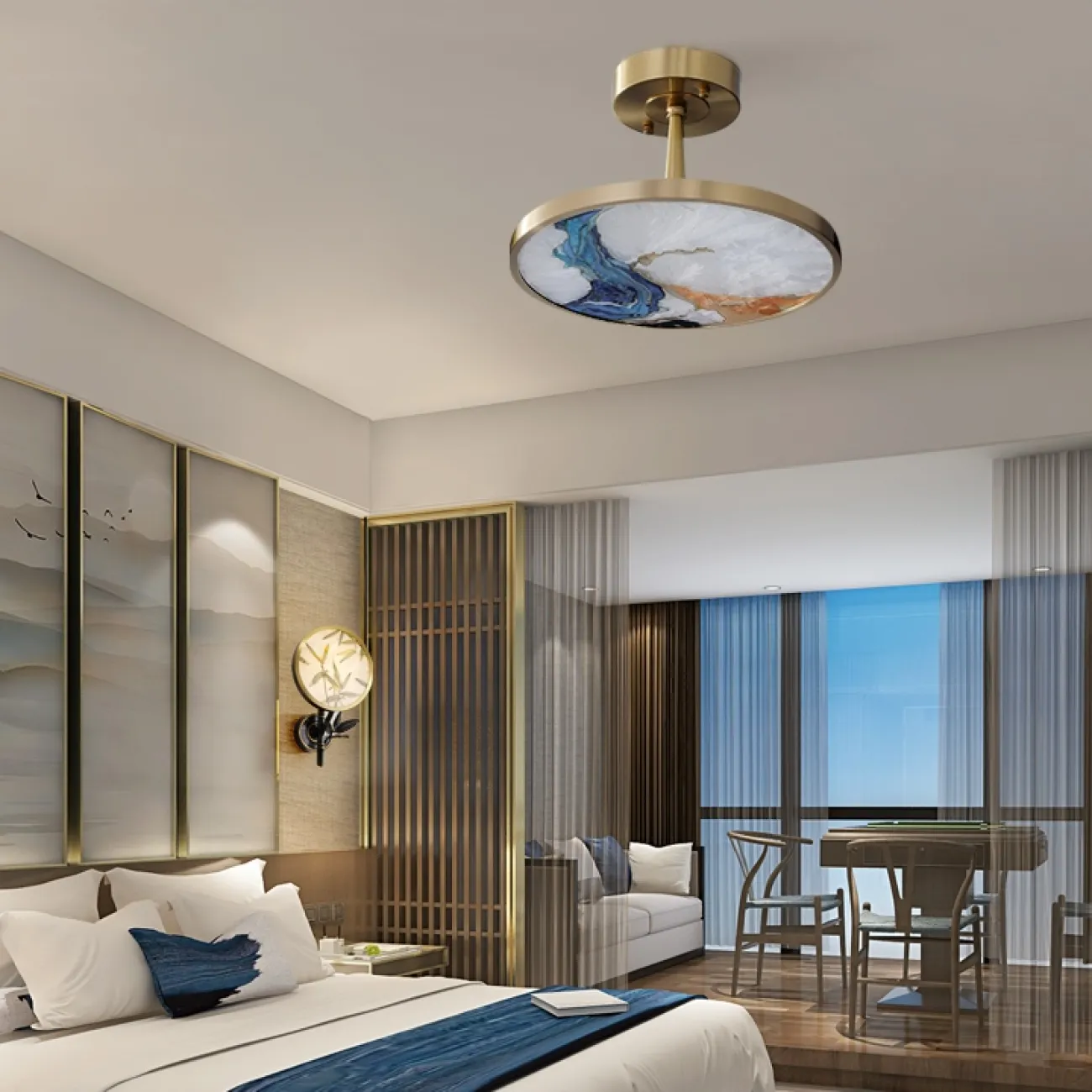 Потолочный светильник в виде круглого стеклянного панно со светодиодной подсветкой, расписанного японскими мотивами AKIRA C Потолочный светильник в виде круглого стеклянного панно со светодиодной подсветкой, расписанного японскими мотивами AKIRA C