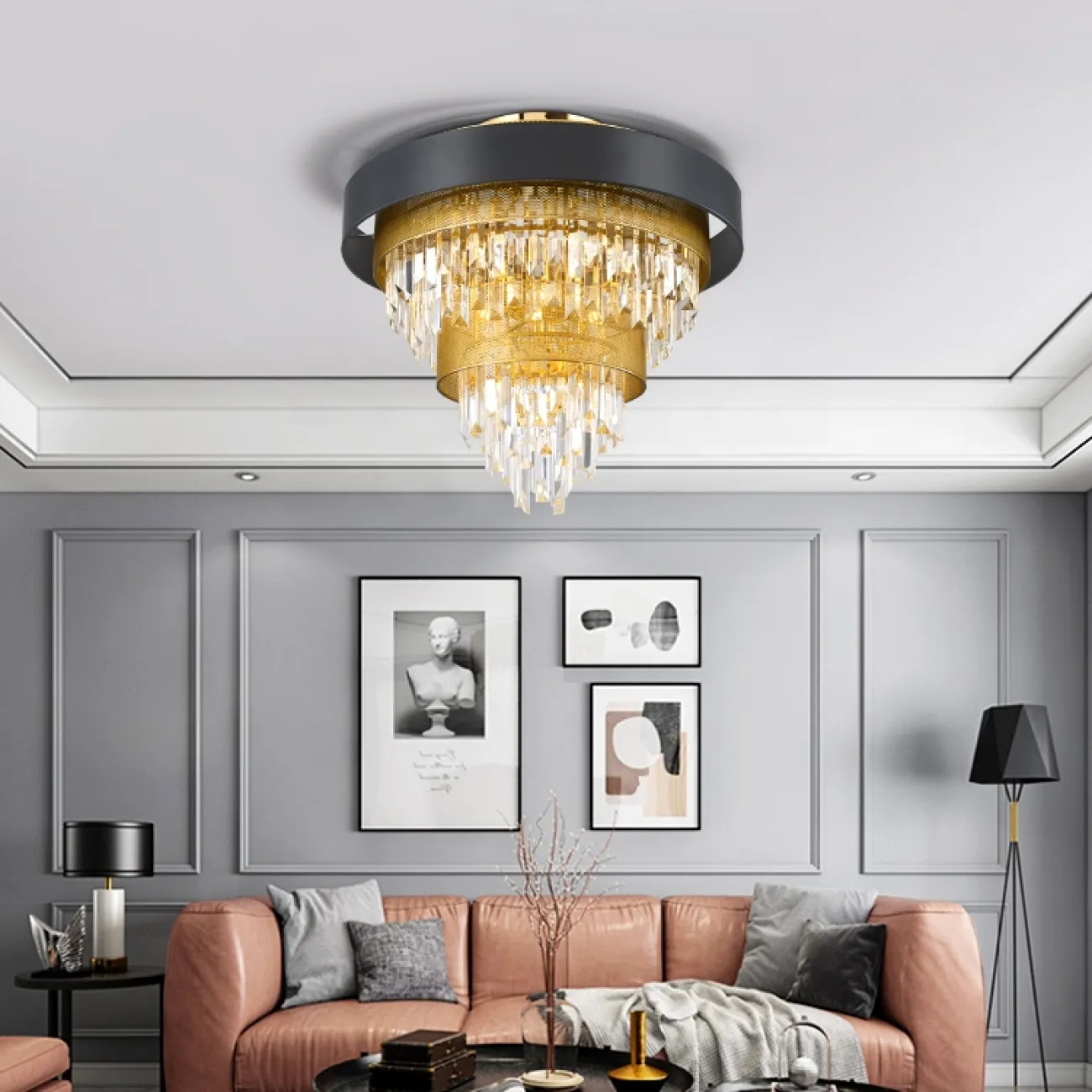 Дизайнерская потолочная люстра со стеклянными гранеными подвесками ALSING C