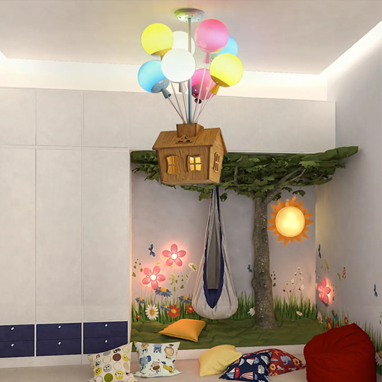 Люстра на штанге с домиком и воздушными шарами для детской комнаты BALLOON-UP B