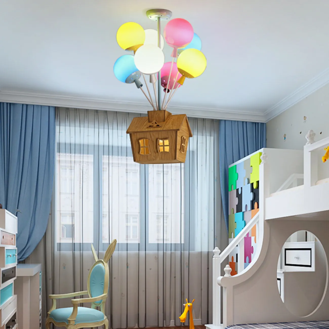 Люстра на штанге с домиком и воздушными шарами для детской комнаты BALLOON-UP B