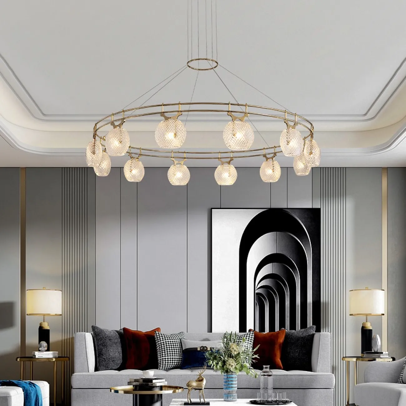 Кольцевая люстра с плафонами из рифленого стекла DORIS