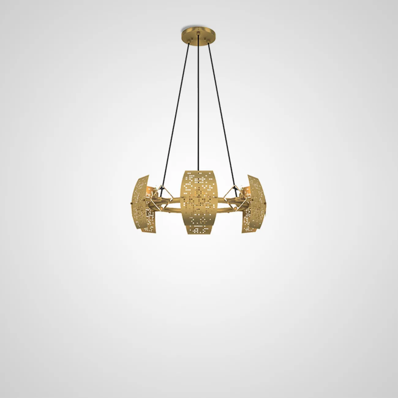 Серия кольцевых люстр с перфорацией и элементами из стекла DROPLET Серия кольцевых люстр с перфорацией и элементами из стекла DROPLET