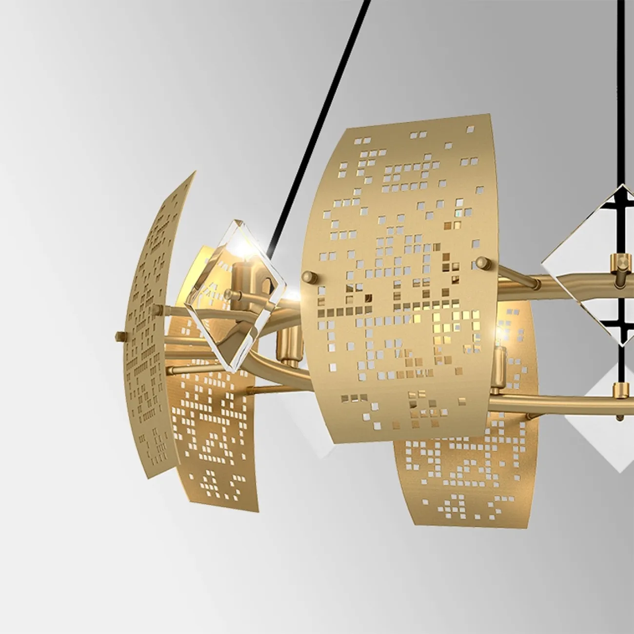 Серия кольцевых люстр с перфорацией и элементами из стекла DROPLET Серия кольцевых люстр с перфорацией и элементами из стекла DROPLET