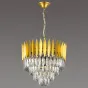 Серия многоярусных люстр с хрустальными подвесками геометрической формы и широким ободом из золотых листьев FEMIDA