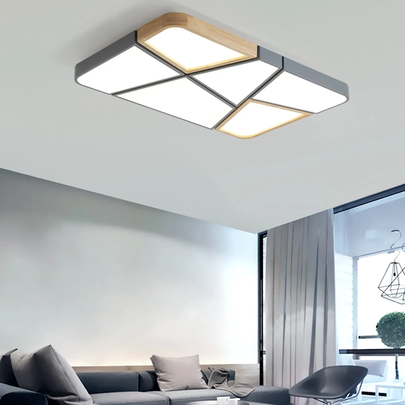 Прямоугольный потолочный светильник из асимметричных сегментов с деревянным декором FUST TWO Прямоугольный потолочный светильник из асимметричных сегментов с деревянным декором FUST TWO