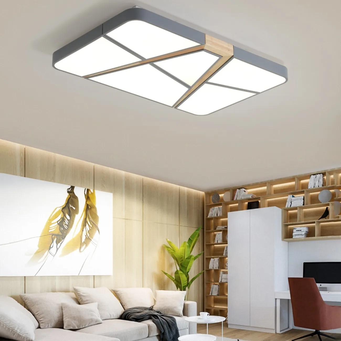 Прямоугольный потолочный светильник из диагональных сегментов с деревянным декором FUST Прямоугольный потолочный светильник из диагональных сегментов с деревянным декором FUST