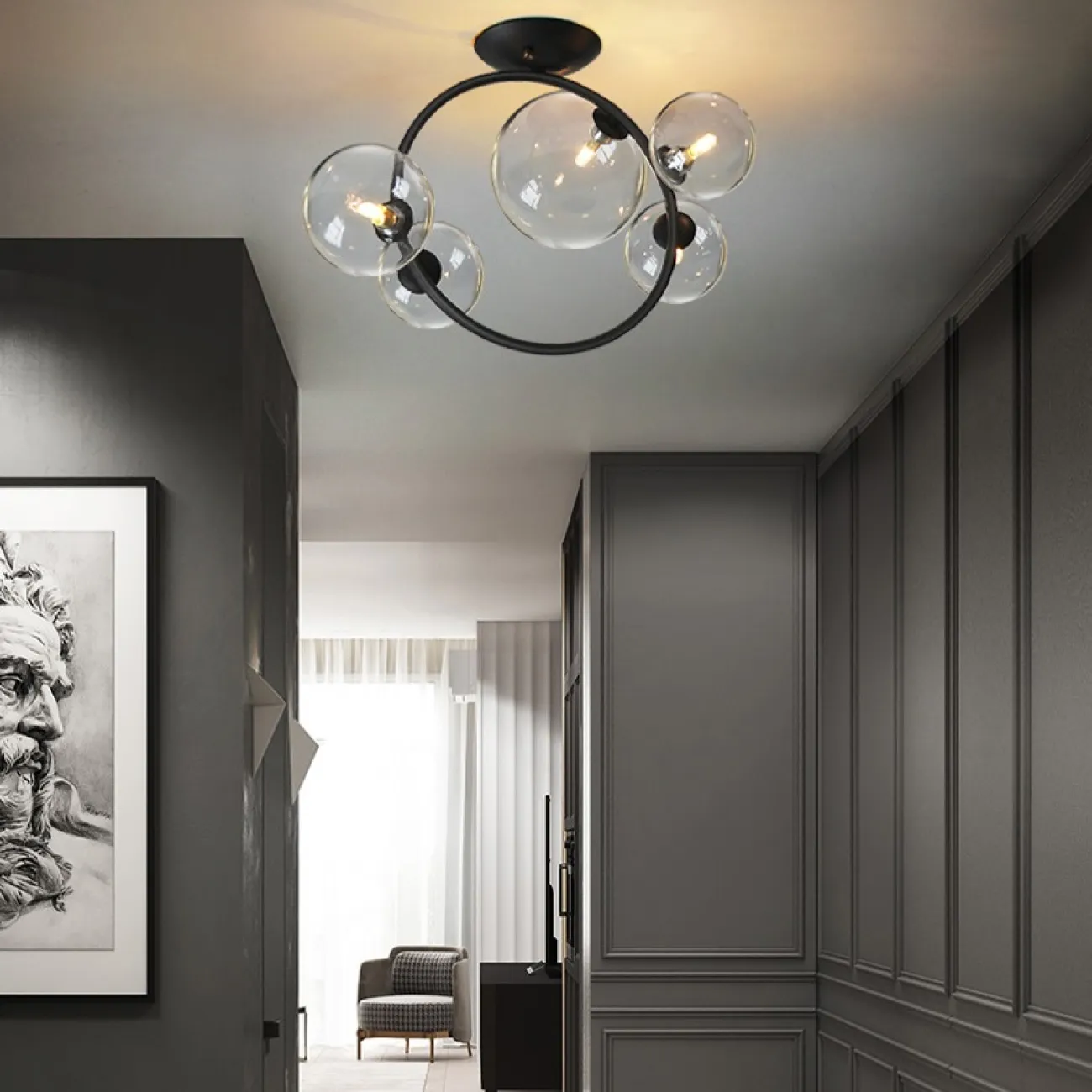 Потолочная люстра с круглыми стеклянными плафонами разного размера на кольцевом каркасе IONA C Потолочная люстра с круглыми стеклянными плафонами разного размера на кольцевом каркасе IONA C