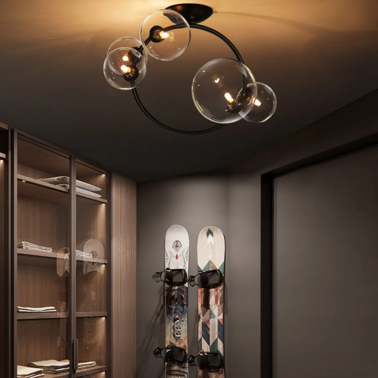 Потолочная люстра с круглыми стеклянными плафонами разного размера на кольцевом каркасе IONA C Потолочная люстра с круглыми стеклянными плафонами разного размера на кольцевом каркасе IONA C