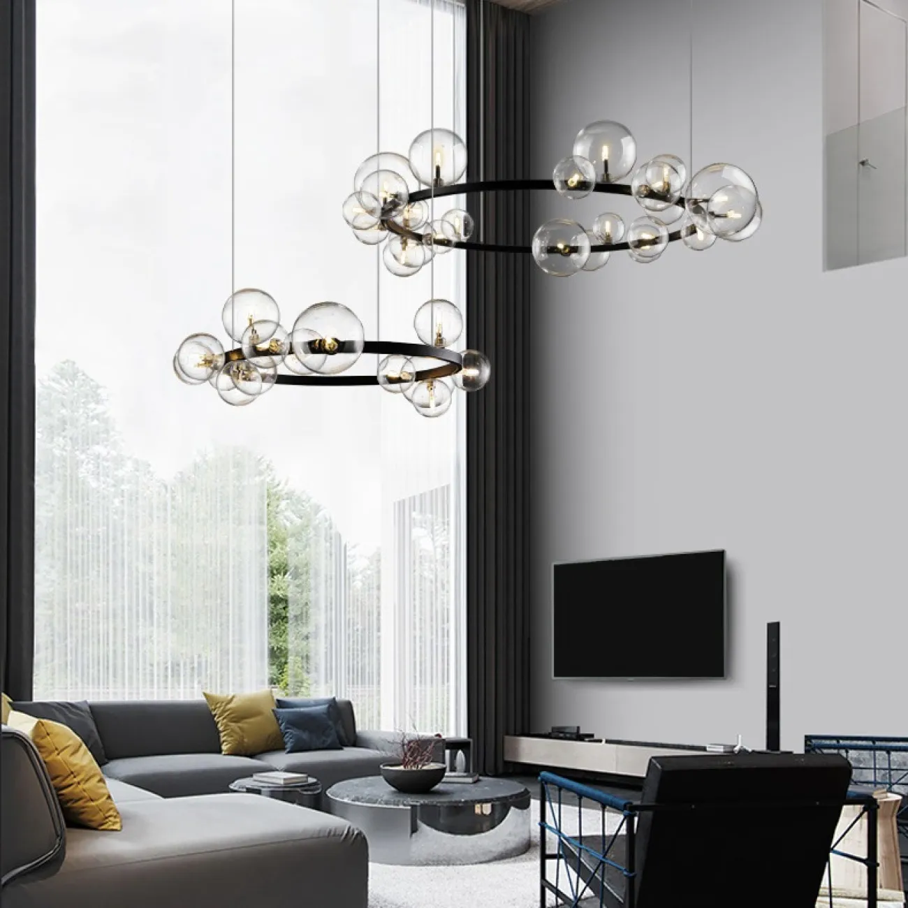 Дизайнерская кольцевая люстра с асимметрично расположенными стеклянными плафонами разного диаметра IONA