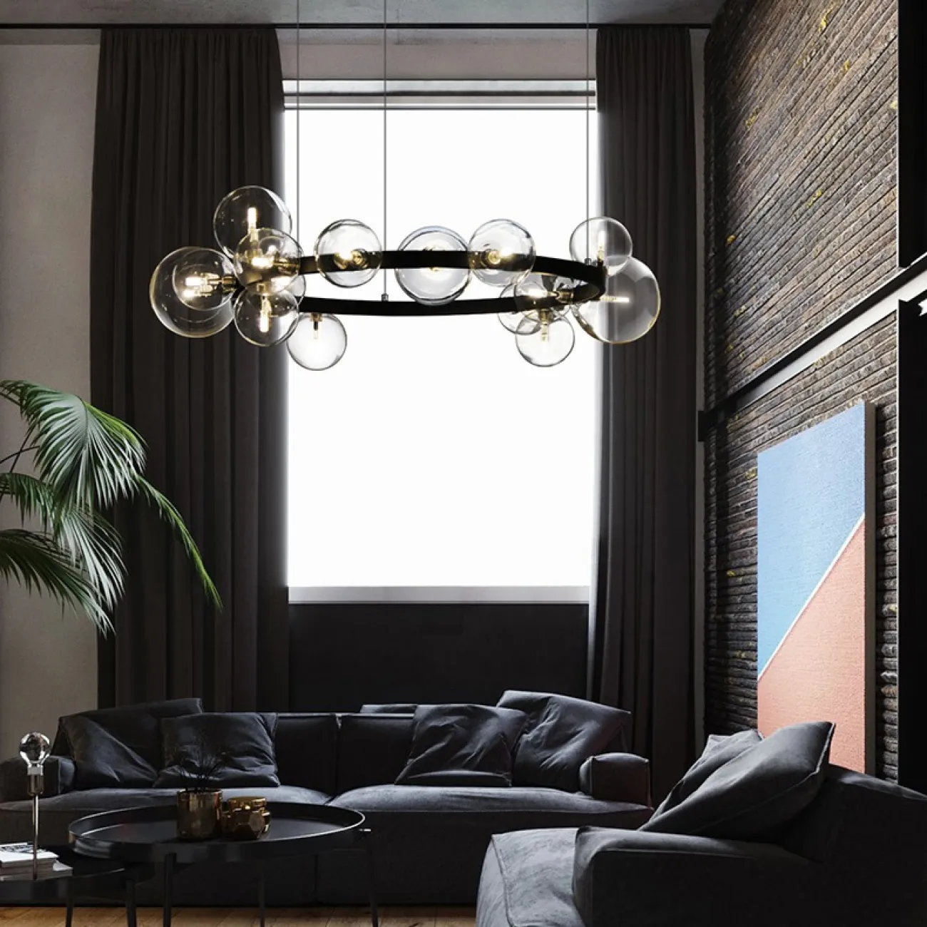 Дизайнерская кольцевая люстра с асимметрично расположенными стеклянными плафонами разного диаметра IONA