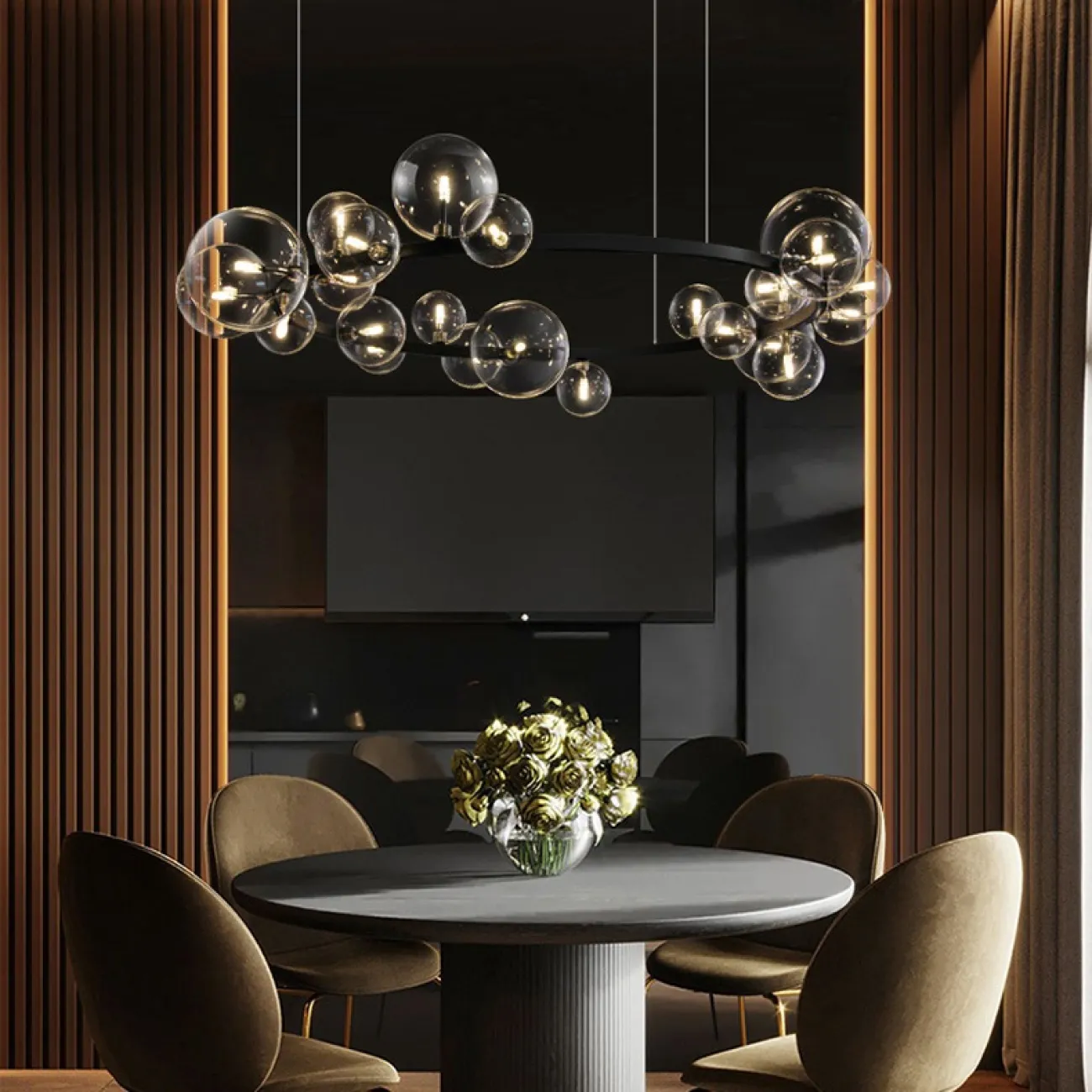 Дизайнерская кольцевая люстра с асимметрично расположенными стеклянными плафонами разного диаметра IONA