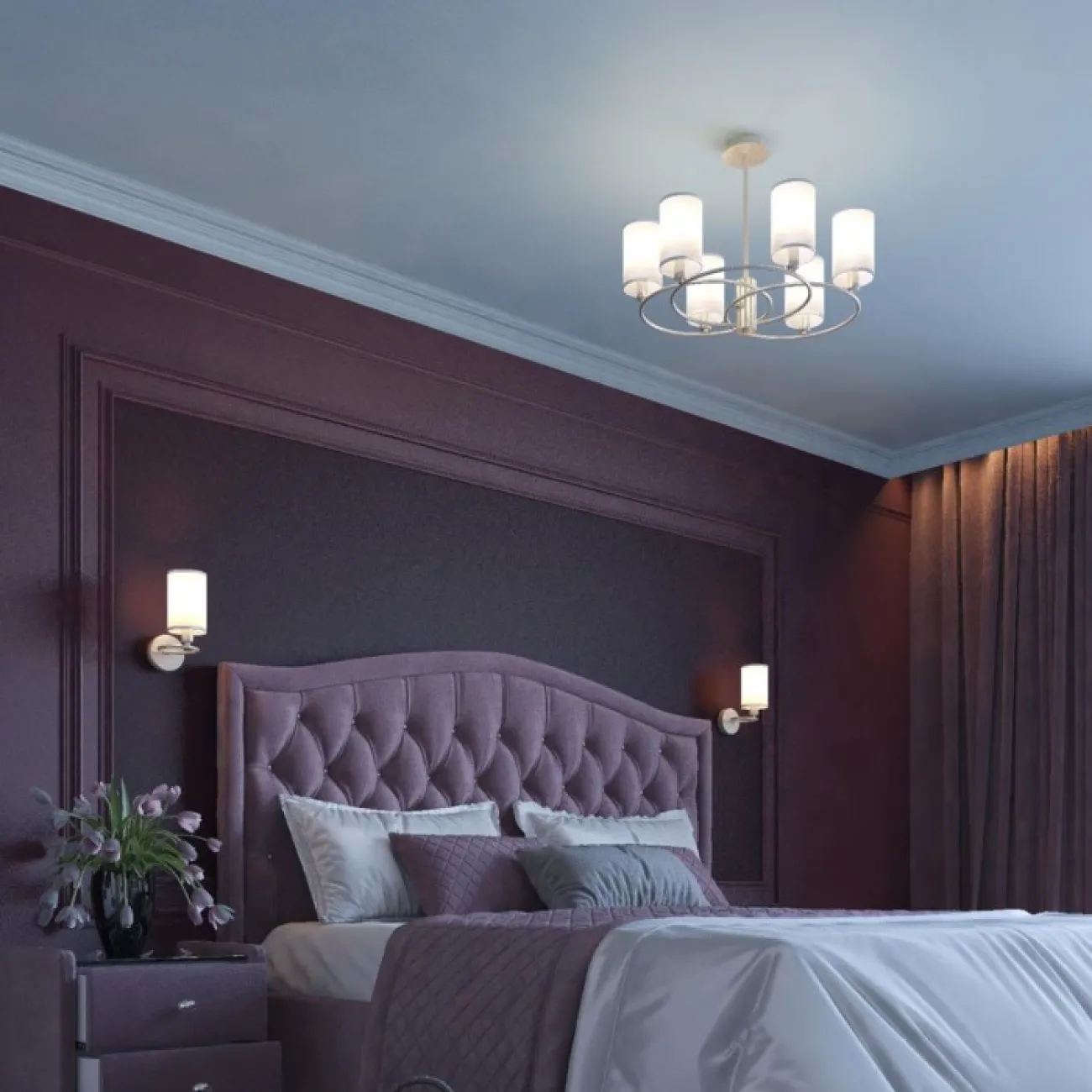 Люстра с рожками округлой формы и текстильными абажурами LEVI