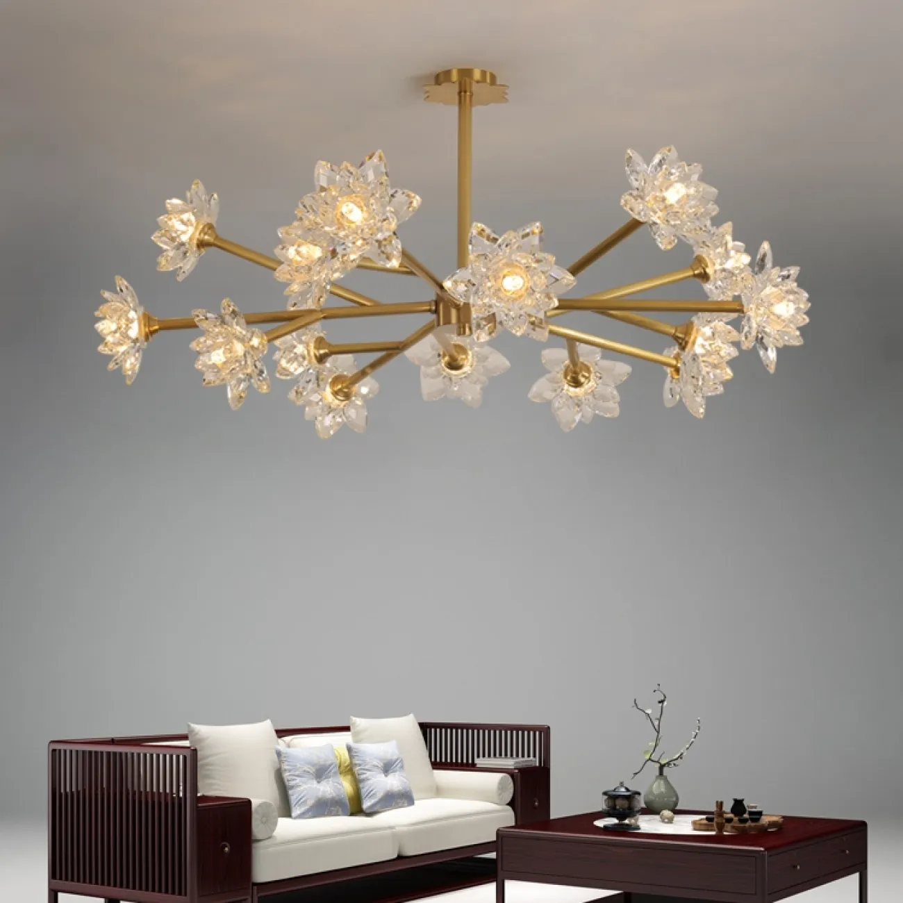 Линейка люстр из металла с плафонами из стекла в форме цветов LOTOS TWO