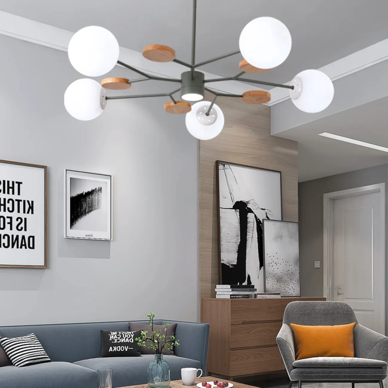 Линейка люстр в скандинавском стиле с шарообразными плафонами на металлической штанге и с деревянным декором MEADE ORB