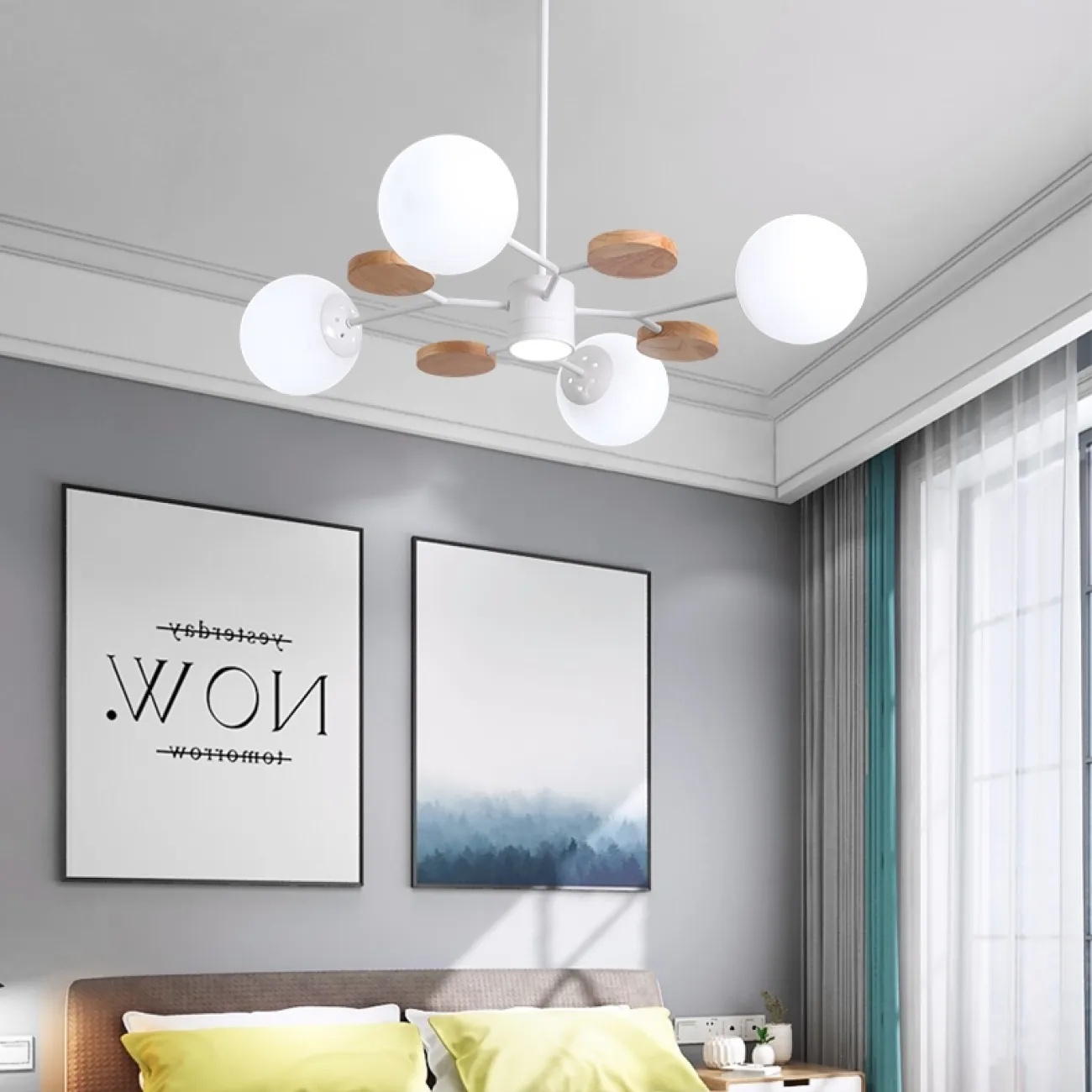 Линейка люстр в скандинавском стиле с шарообразными плафонами на металлической штанге и с деревянным декором MEADE ORB