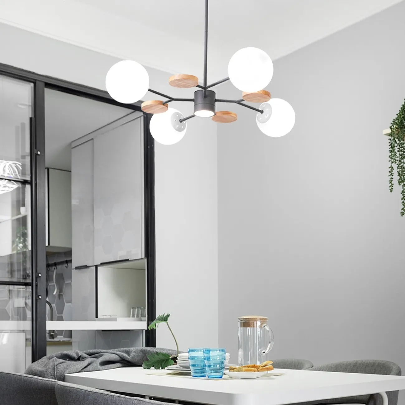 Линейка люстр в скандинавском стиле с шарообразными плафонами на металлической штанге и с деревянным декором MEADE ORB